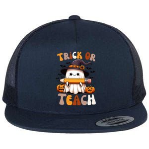 Trick Or Teach Groovy Teacher Halloween Retro Floral Ghost Gift Flat Bill Trucker Hat