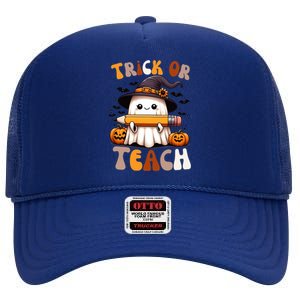 Trick Or Teach Groovy Teacher Halloween Retro Floral Ghost Gift High Crown Mesh Back Trucker Hat