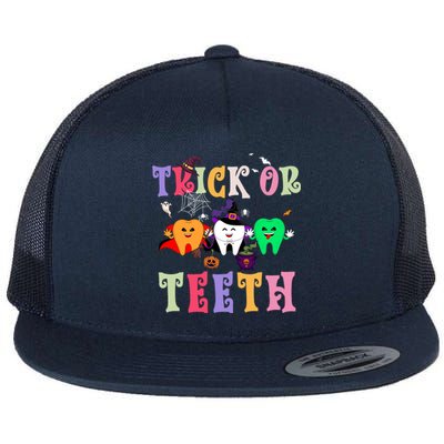 Trick Or Teeth Funny Dental Halloween Treat Dentist Gift Flat Bill Trucker Hat