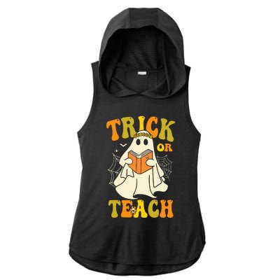 Trick Or Teach Groovy Halloween Retro Floral Ghost Teacher Ladies PosiCharge Tri-Blend Wicking Draft Hoodie Tank