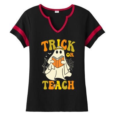 Trick Or Teach Groovy Halloween Retro Floral Ghost Teacher Ladies Halftime Notch Neck Tee