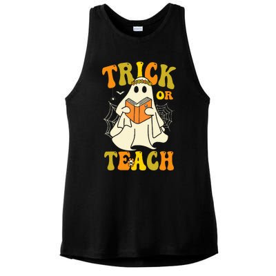 Trick Or Teach Groovy Halloween Retro Floral Ghost Teacher Ladies PosiCharge Tri-Blend Wicking Tank