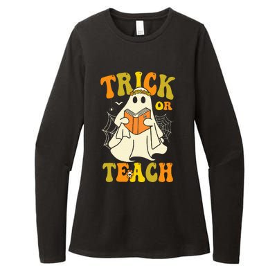 Trick Or Teach Groovy Halloween Retro Floral Ghost Teacher Womens CVC Long Sleeve Shirt