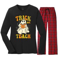 Trick Or Teach Groovy Halloween Retro Floral Ghost Teacher Women's Long Sleeve Flannel Pajama Set 