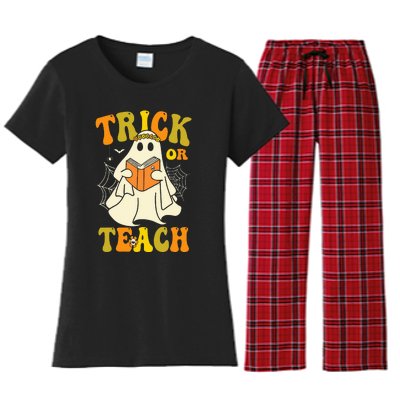 Trick Or Teach Groovy Halloween Retro Floral Ghost Teacher Women's Flannel Pajama Set