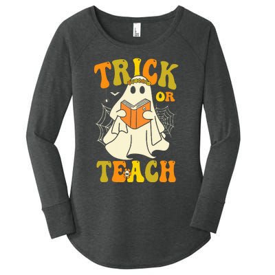 Trick Or Teach Groovy Halloween Retro Floral Ghost Teacher Women's Perfect Tri Tunic Long Sleeve Shirt