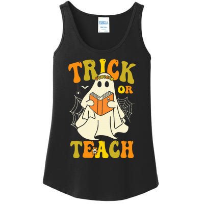 Trick Or Teach Groovy Halloween Retro Floral Ghost Teacher Ladies Essential Tank