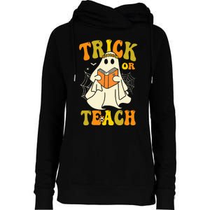 Trick Or Teach Groovy Halloween Retro Floral Ghost Teacher Womens Funnel Neck Pullover Hood