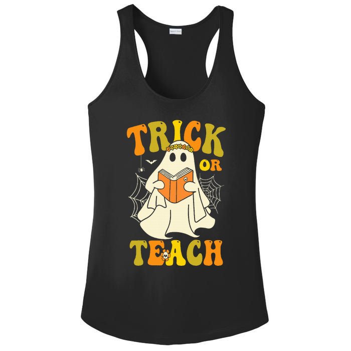 Trick Or Teach Groovy Halloween Retro Floral Ghost Teacher Ladies PosiCharge Competitor Racerback Tank