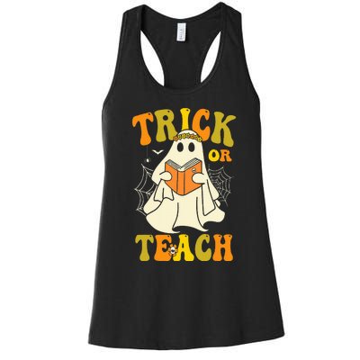 Trick Or Teach Groovy Halloween Retro Floral Ghost Teacher Women's Racerback Tank