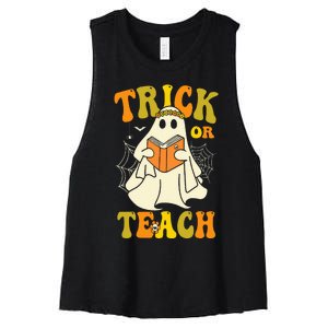 Trick Or Teach Groovy Halloween Retro Floral Ghost Teacher Women's Racerback Cropped Tank