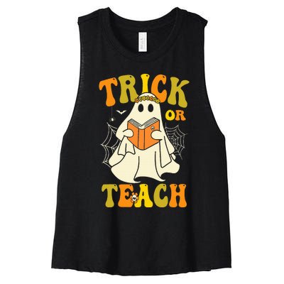 Trick Or Teach Groovy Halloween Retro Floral Ghost Teacher Women's Racerback Cropped Tank