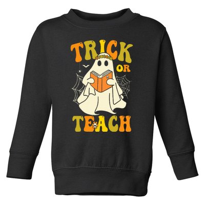 Trick Or Teach Groovy Halloween Retro Floral Ghost Teacher Toddler Sweatshirt