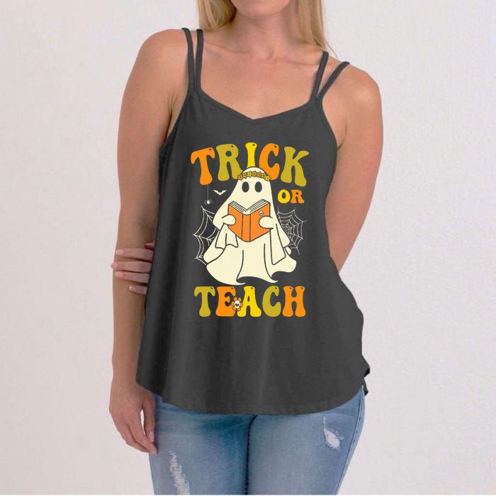 Trick Or Teach Groovy Halloween Retro Floral Ghost Teacher Women's Strappy Tank