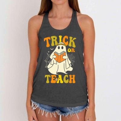 Trick Or Teach Groovy Halloween Retro Floral Ghost Teacher Women's Knotted Racerback Tank