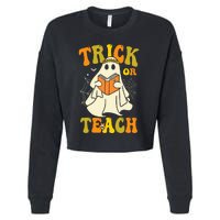 Trick Or Teach Groovy Halloween Retro Floral Ghost Teacher Cropped Pullover Crew