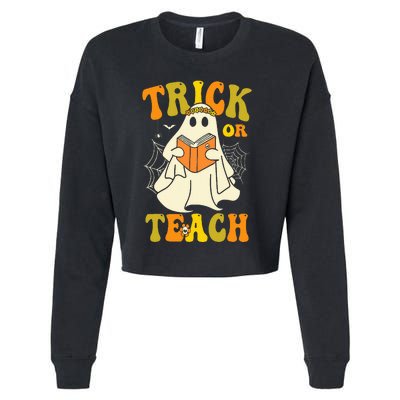 Trick Or Teach Groovy Halloween Retro Floral Ghost Teacher Cropped Pullover Crew