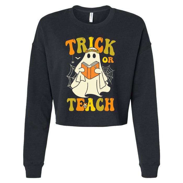 Trick Or Teach Groovy Halloween Retro Floral Ghost Teacher Cropped Pullover Crew