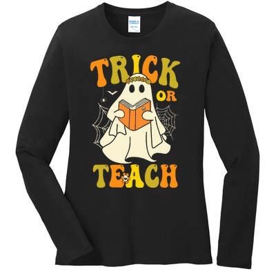 Trick Or Teach Groovy Halloween Retro Floral Ghost Teacher Ladies Long Sleeve Shirt