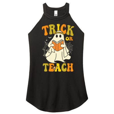 Trick Or Teach Groovy Halloween Retro Floral Ghost Teacher Women's Perfect Tri Rocker Tank