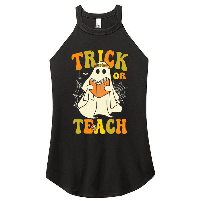 Trick Or Teach Groovy Halloween Retro Floral Ghost Teacher Women's Perfect Tri Rocker Tank