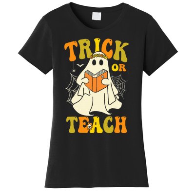 Trick Or Teach Groovy Halloween Retro Floral Ghost Teacher Women's T-Shirt