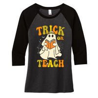 Trick Or Teach Groovy Halloween Retro Floral Ghost Teacher Women's Tri-Blend 3/4-Sleeve Raglan Shirt