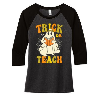 Trick Or Teach Groovy Halloween Retro Floral Ghost Teacher Women's Tri-Blend 3/4-Sleeve Raglan Shirt