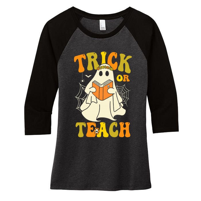 Trick Or Teach Groovy Halloween Retro Floral Ghost Teacher Women's Tri-Blend 3/4-Sleeve Raglan Shirt