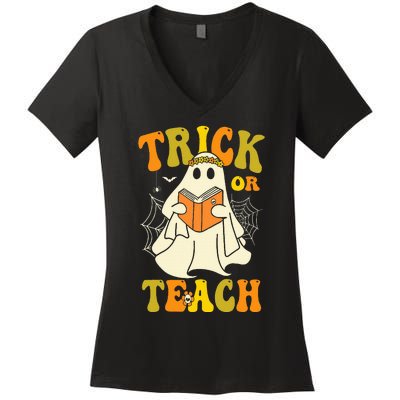 Trick Or Teach Groovy Halloween Retro Floral Ghost Teacher Women's V-Neck T-Shirt