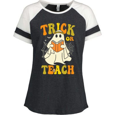 Trick Or Teach Groovy Halloween Retro Floral Ghost Teacher Enza Ladies Jersey Colorblock Tee