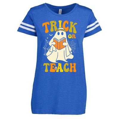 Trick Or Teach Groovy Halloween Retro Floral Ghost Teacher Enza Ladies Jersey Football T-Shirt