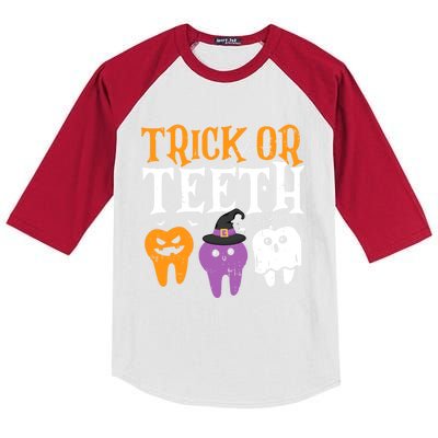 Trick Or Teeth Funny Dental Halloween Treat Dentist Gift Kids Colorblock Raglan Jersey