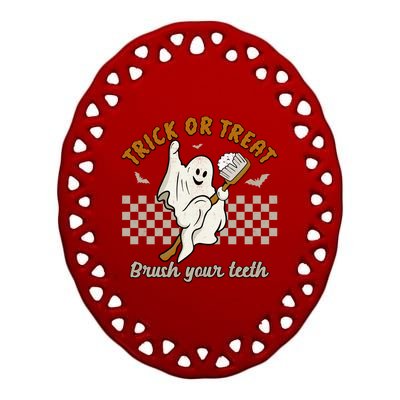 Trick Or Treat Brush Your Teeth Halloween Cute Ghost Dentist Gift Ceramic Oval Ornament