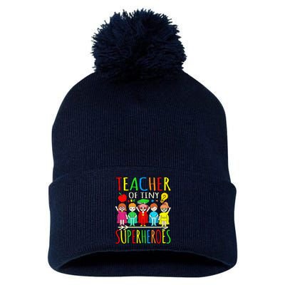 Teacher Of Tiny Superheroes First Day Back To School Graphic Pom Pom 12in Knit Beanie