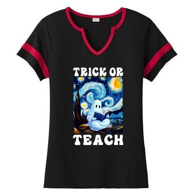 Trick Or Teach Cute Ghost Reading Book Teacher Halloween Gift Ladies Halftime Notch Neck Tee