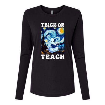 Trick Or Teach Cute Ghost Reading Book Teacher Halloween Gift Womens Cotton Relaxed Long Sleeve T-Shirt