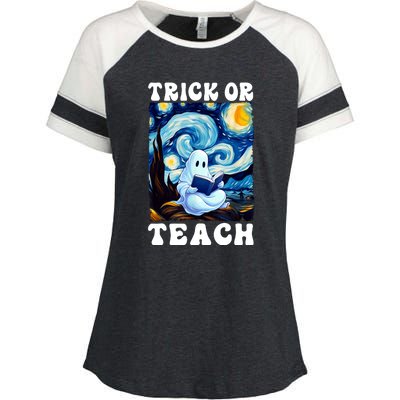 Trick Or Teach Cute Ghost Reading Book Teacher Halloween Gift Enza Ladies Jersey Colorblock Tee