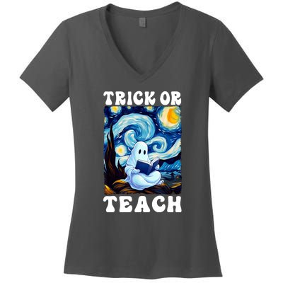 Trick Or Teach Cute Ghost Reading Book Teacher Halloween Gift Women's V-Neck T-Shirt