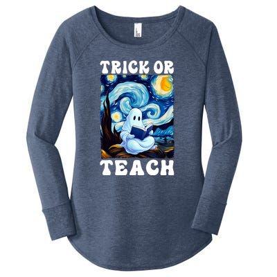 Trick Or Teach Cute Ghost Reading Book Teacher Halloween Gift Women's Perfect Tri Tunic Long Sleeve Shirt