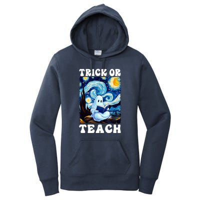 Trick Or Teach Cute Ghost Reading Book Teacher Halloween Gift Women's Pullover Hoodie