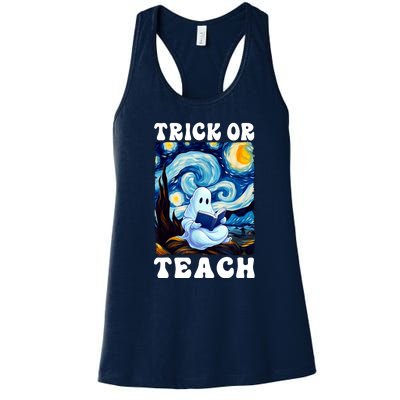 Trick Or Teach Cute Ghost Reading Book Teacher Halloween Gift Women's Racerback Tank