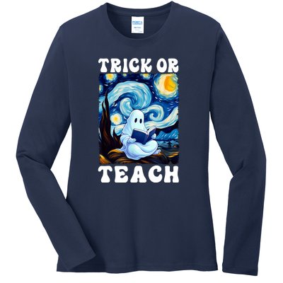 Trick Or Teach Cute Ghost Reading Book Teacher Halloween Gift Ladies Long Sleeve Shirt