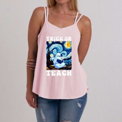 Trick Or Teach Cute Ghost Reading Book Teacher Halloween Gift Women's Strappy Tank