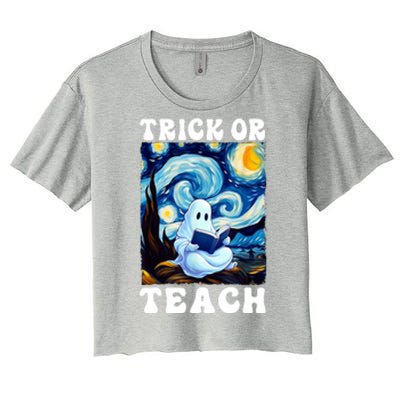 Trick Or Teach Cute Ghost Reading Book Teacher Halloween Gift Women's Crop Top Tee