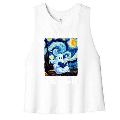 Trick Or Teach Cute Ghost Reading Book Teacher Halloween Gift Women's Racerback Cropped Tank