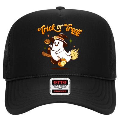 Trick Or Treat Witchy Cute Ghost For Halloween Thankgiving Gift High Crown Mesh Back Trucker Hat