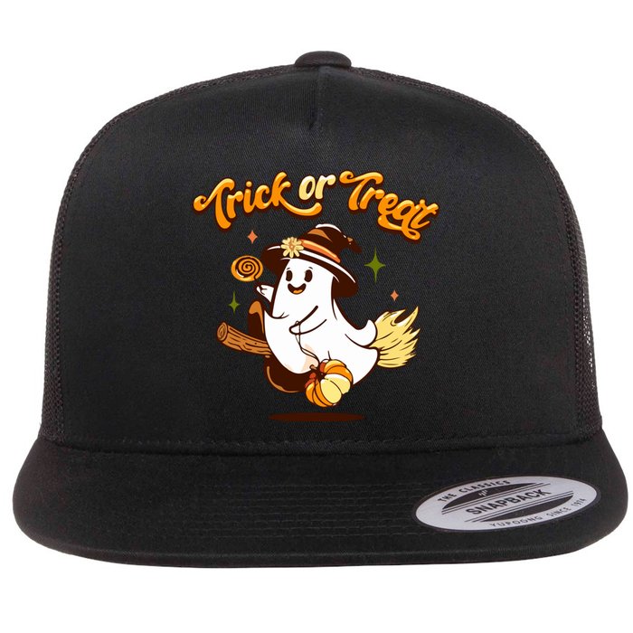 Trick Or Treat Witchy Cute Ghost For Halloween Thankgiving Gift Flat Bill Trucker Hat