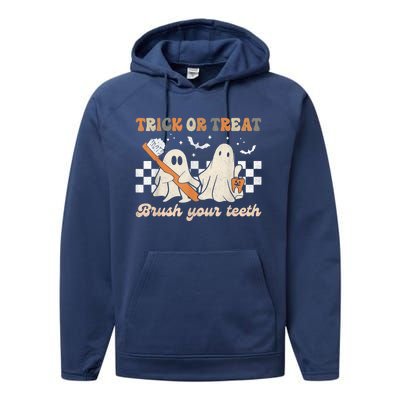 Trick Or Treat Brush Your Teeth Retro Halloween Dentist Gift Performance Fleece Hoodie