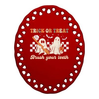 Trick Or Treat Brush Your Teeth Retro Halloween Dentist Gift Ceramic Oval Ornament